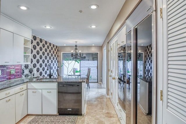 3605 Hampton Ct, Norman, OK 73072 - kitchen with dishwasher, a sink, a peninsula, open shelves, and white cabinetry
