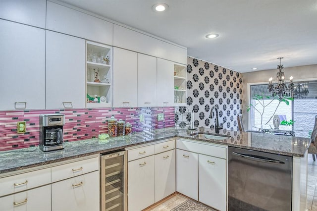 3605 Hampton Ct, Norman, OK 73072 - kitchen with dishwasher, open shelves, beverage cooler, a sink, and a peninsula