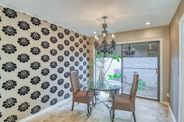 3605 Hampton Ct, Norman, OK 73072 - dining space with wallpapered walls, a chandelier, baseboards, recessed lighting, and plenty of natural light
