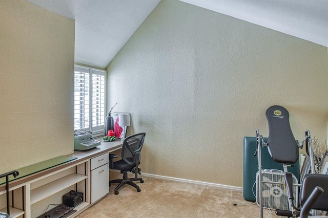 3605 Hampton Ct, Norman, OK 73072 - office featuring lofted ceiling, a textured wall, light carpet, and baseboards
