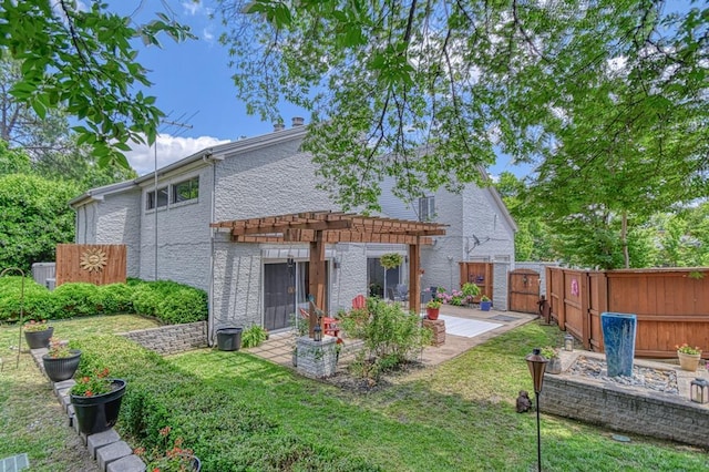 3605 Hampton Ct, Norman, OK 73072 - back of property featuring a pergola, a patio area, a gate, and brick siding
