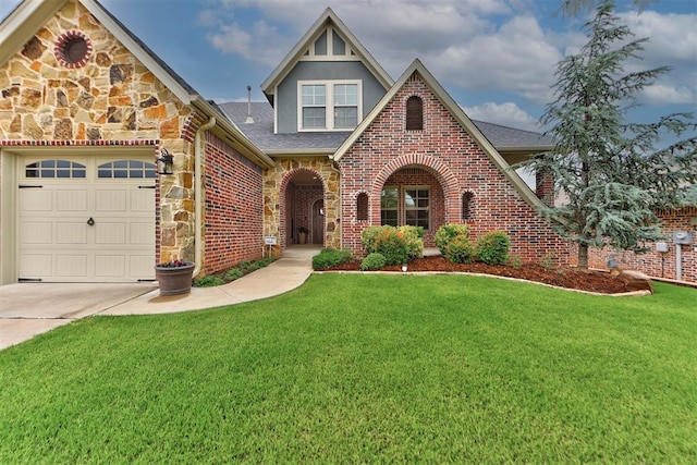 1440 Station St, Edmond, OK 73034 - tudor-style house with stone siding, a front yard, a garage, and a shingled roof