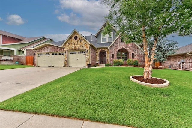 1440 Station St, Edmond, OK 73034 - view of front of house with an attached garage, a front lawn, driveway, brick siding, and a shingled roof