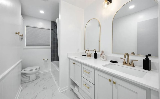 1230 Avondale Dr, Norman, OK 73069 - full bathroom with double vanity, toilet, marble finish flooring, shower / tub combination, and recessed lighting