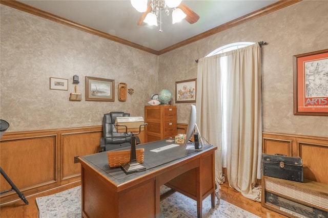 13605 Verona Strada, Oklahoma City, OK 73170 - office featuring ornamental molding, light wood finished floors, ceiling fan, a wainscoted wall, and a decorative wall