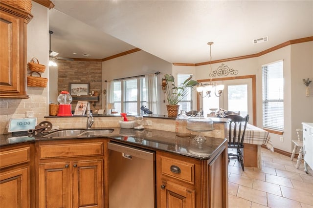 13605 Verona Strada, Oklahoma City, OK 73170 - kitchen featuring dishwasher, brown cabinetry, a sink, and ornamental molding
