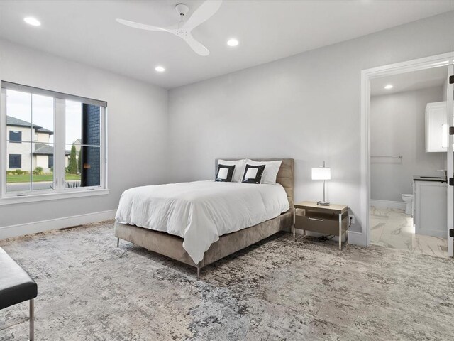 12901 Rivendell Dr, Oklahoma City, OK 73170 - bedroom with recessed lighting, light marble finish flooring, baseboards, ceiling fan, and ensuite bathroom