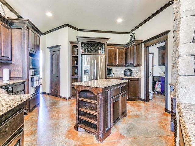 15228 Turtle Lake Pl, Oklahoma City, OK 73165 - kitchen featuring stainless steel appliances, open shelves, crown molding, dark brown cabinets, and finished concrete flooring