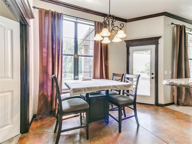 15228 Turtle Lake Pl, Oklahoma City, OK 73165 - dining area featuring finished concrete floors, a chandelier, crown molding, and baseboards