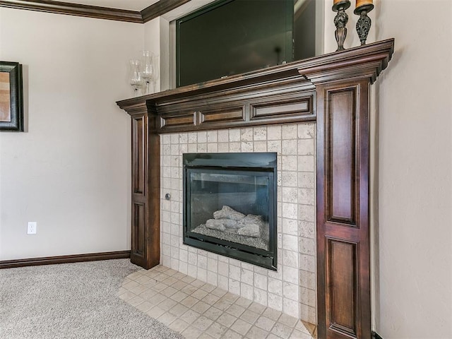 15228 Turtle Lake Pl, Oklahoma City, OK 73165 - detailed view of baseboards, ornamental molding, carpet floors, and a tile fireplace