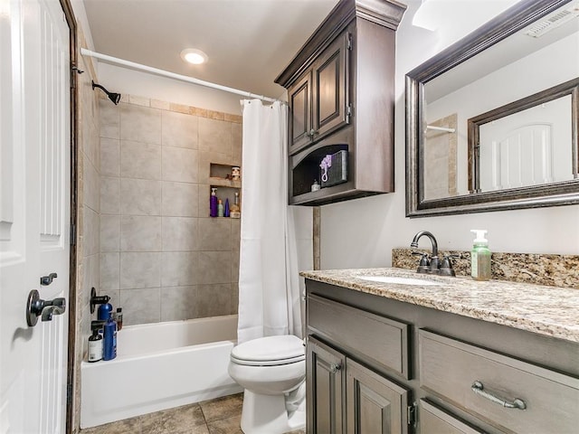 15228 Turtle Lake Pl, Oklahoma City, OK 73165 - full bathroom featuring vanity, shower / tub combo with curtain, toilet, tile patterned floors, and recessed lighting