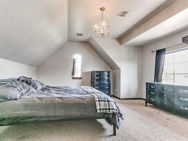 15228 Turtle Lake Pl, Oklahoma City, OK 73165 - bedroom featuring a chandelier, carpet, and lofted ceiling
