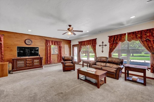 2801 John Deere Ave Unit 1, Edmond, OK 73034 - living room with carpet, a ceiling fan, plenty of natural light, and recessed lighting