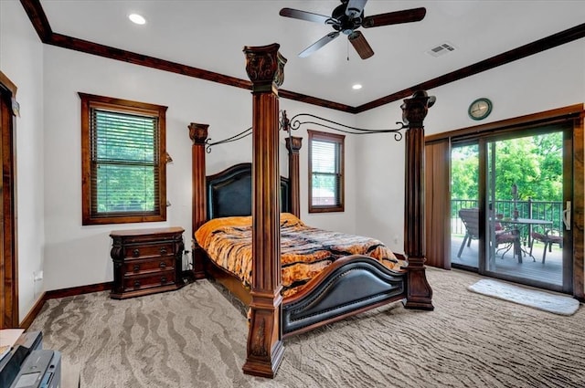 2801 John Deere Ave Unit 1, Edmond, OK 73034 - bedroom featuring carpet flooring, access to outside, ornamental molding, baseboards, and ceiling fan
