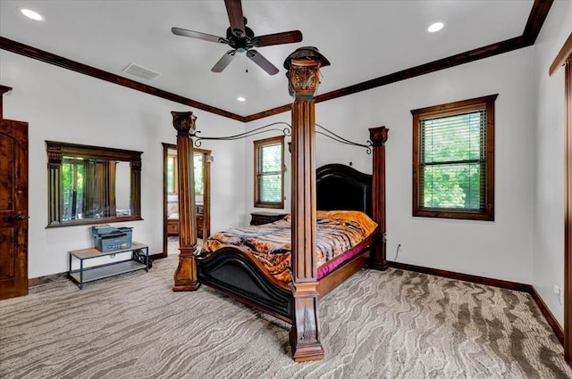2801 John Deere Ave Unit 1, Edmond, OK 73034 - carpeted bedroom with ornamental molding, baseboards, recessed lighting, and a ceiling fan