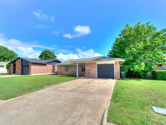 808 Robin Hill Rd, Edmond, OK 73003 - ranch-style home featuring a garage, brick siding, a front lawn, driveway, and roof with shingles