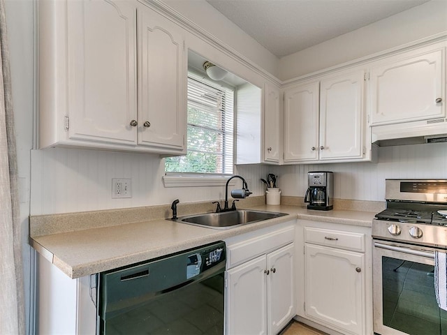 808 Robin Hill Rd, Edmond, OK 73003 - kitchen with gas range, under cabinet range hood, dishwasher, a sink, and white cabinetry