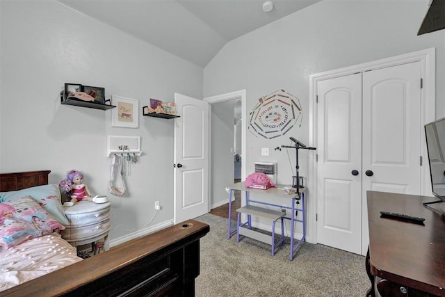 11240 NW 106th St, Yukon, OK 73099 - bedroom featuring lofted ceiling, a closet, and light colored carpet