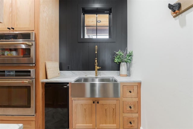 16000 N Hogback Rd, Luther, OK 73054 - kitchen with a sink, double oven, light brown cabinets, and light stone countertops