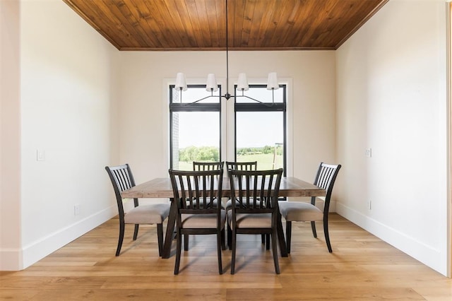 16000 N Hogback Rd, Luther, OK 73054 - dining space featuring ornamental molding, baseboards, a chandelier, light wood-style flooring, and wooden ceiling