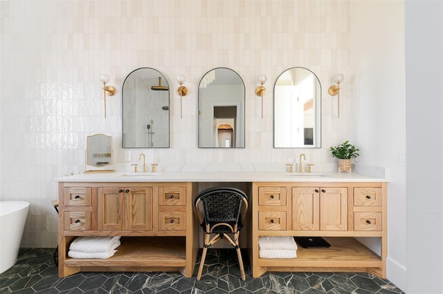 16000 N Hogback Rd, Luther, OK 73054 - bathroom with tile walls, double vanity, and a soaking tub