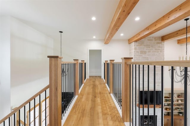 16000 N Hogback Rd, Luther, OK 73054 - corridor with recessed lighting, wood finished floors, beam ceiling, and an upstairs landing