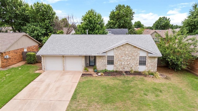 2016 Castle Rock, Edmond, OK 73003 - mid-century home with stone siding, roof with shingles, a garage, and concrete driveway