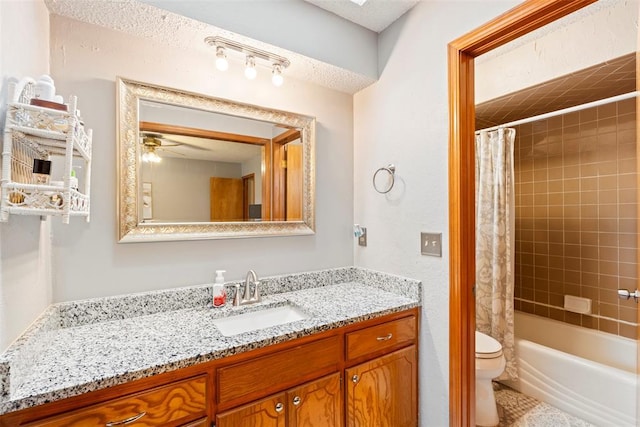 2016 Castle Rock, Edmond, OK 73003 - full bath featuring vanity, toilet, shower / bath combination with curtain, and ceiling fan