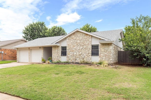 2016 Castle Rock, Edmond, OK 73003 - view of front of house with stone siding, a garage, driveway, and roof with shingles