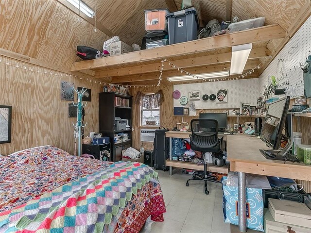 1813 Richard Dr, Edmond, OK 73003 - bedroom with a desk, wood walls, and tile patterned floors