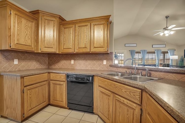 3224 Peacock Ln, Altus, OK 73521 - kitchen featuring dishwasher, a sink, vaulted ceiling, a ceiling fan, and tasteful backsplash