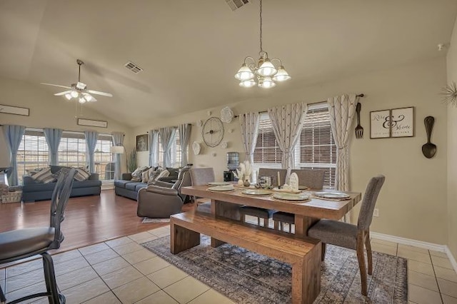 3224 Peacock Ln, Altus, OK 73521 - dining space with lofted ceiling, healthy amount of natural light, light tile patterned flooring, a ceiling fan, and a chandelier