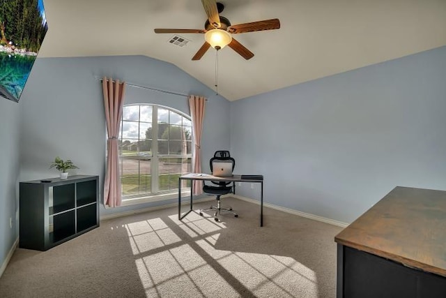 3224 Peacock Ln, Altus, OK 73521 - office area with a ceiling fan, vaulted ceiling, carpet, and baseboards