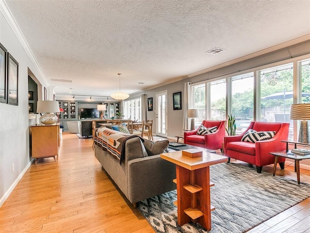 203 N Sherry Ave, Norman, OK 73069 - living room with ornamental molding, light wood finished floors, a textured ceiling, and baseboards