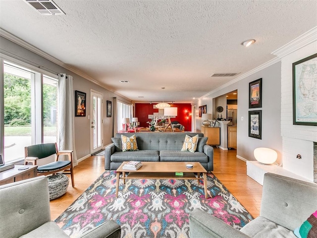 203 N Sherry Ave, Norman, OK 73069 - living area with crown molding, light wood finished floors, a textured ceiling, and baseboards