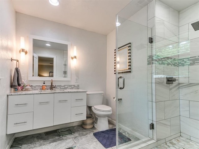 203 N Sherry Ave, Norman, OK 73069 - full bath with vanity, a stall shower, toilet, recessed lighting, and marble finish flooring