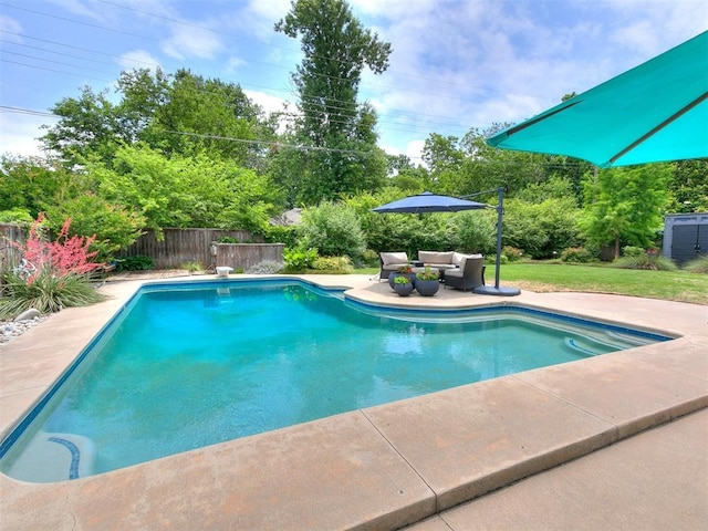 203 N Sherry Ave, Norman, OK 73069 - view of pool with a fenced backyard, an outdoor living space, and a patio