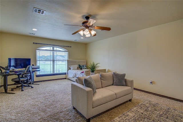 14220 SE 76th Pl, Oklahoma City, OK 73150 - bedroom featuring an office area, carpet floors, baseboards, recessed lighting, and a ceiling fan