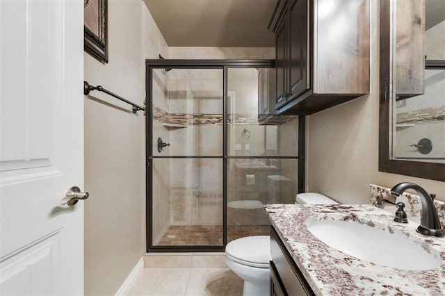 15101 Colonia Bella Dr, Edmond, OK 73013 - bathroom featuring toilet, vanity, a shower stall, and tile patterned flooring