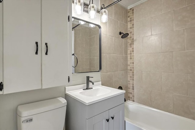 1013 Locust Ln, Midwest City, OK 73110 - bathroom with toilet, tub / shower combination, vanity, and ornamental molding