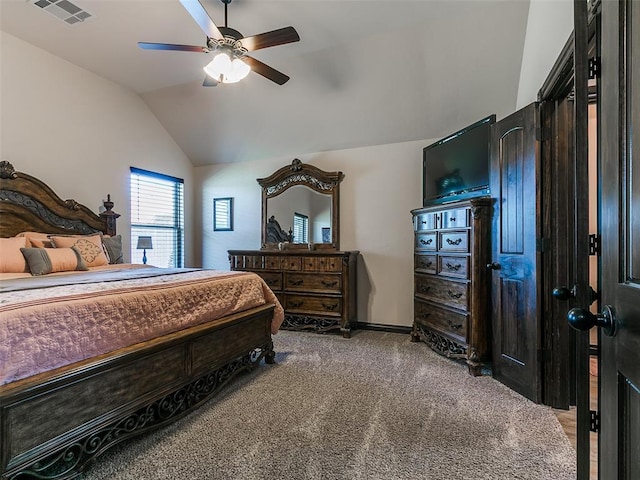3424 Lakeside Dr, Moore, OK 73160 - carpeted bedroom with vaulted ceiling and ceiling fan