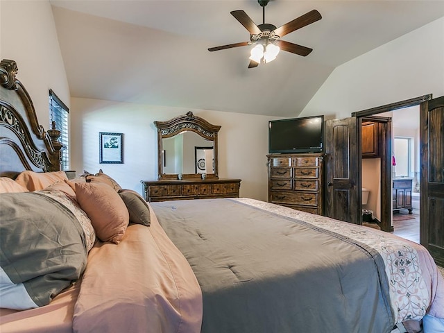 3424 Lakeside Dr, Moore, OK 73160 - bedroom with lofted ceiling, ensuite bath, and ceiling fan