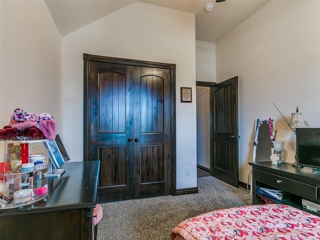 3424 Lakeside Dr, Moore, OK 73160 - bedroom featuring dark colored carpet, a closet, and lofted ceiling