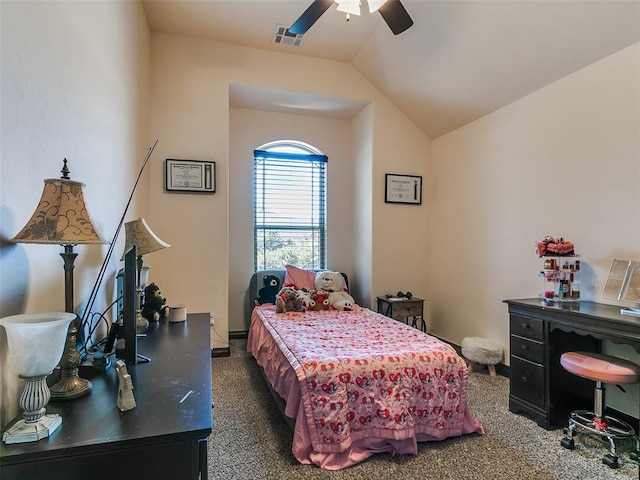 3424 Lakeside Dr, Moore, OK 73160 - bedroom with lofted ceiling, carpet floors, and ceiling fan
