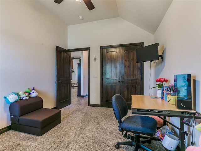 3424 Lakeside Dr, Moore, OK 73160 - carpeted office with vaulted ceiling, a ceiling fan, and baseboards