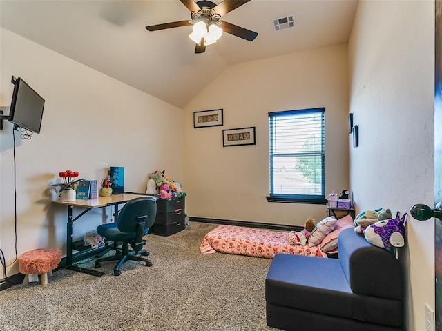 3424 Lakeside Dr, Moore, OK 73160 - carpeted home office with a ceiling fan and vaulted ceiling