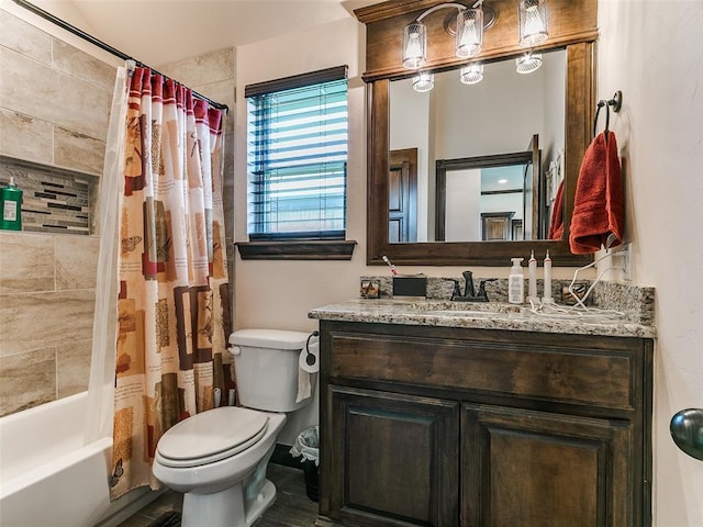 3424 Lakeside Dr, Moore, OK 73160 - bathroom featuring toilet, vanity, shower / tub combo with curtain, and wood finished floors