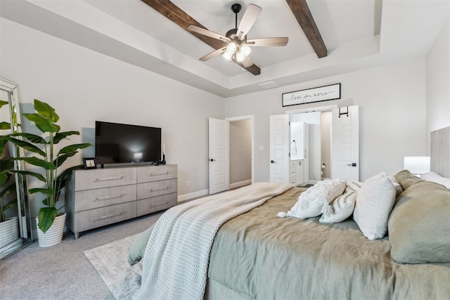 124 W 5th St, Arcadia, OK 73007 - bedroom featuring carpet flooring, ensuite bath, and beam ceiling