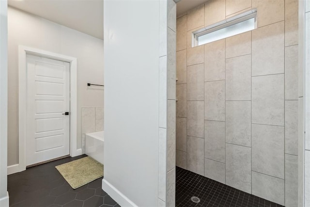 124 W 5th St, Arcadia, OK 73007 - bathroom featuring tile patterned flooring, a tile shower, and a tub to relax in