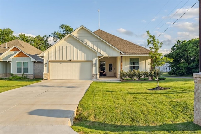 124 W 5th St, Arcadia, OK 73007 - view of front of home with board and batten siding, an attached garage, a front lawn, and driveway